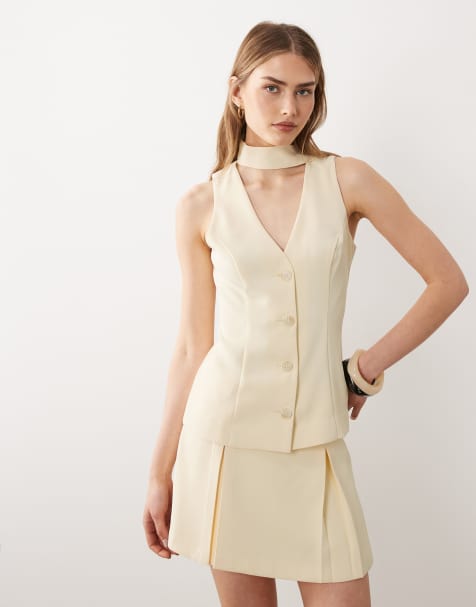 Miss Selfridge tailored vest with scarf tie in buttermilk - part of a set - view 1