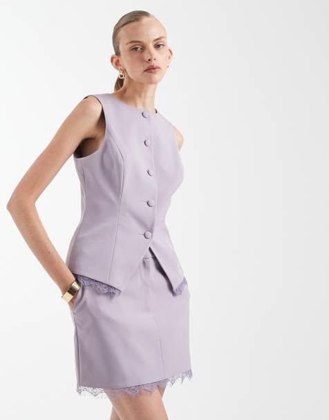 Miss Selfridge tailored waistcoat with lace trim co-ord in lilac - view 1