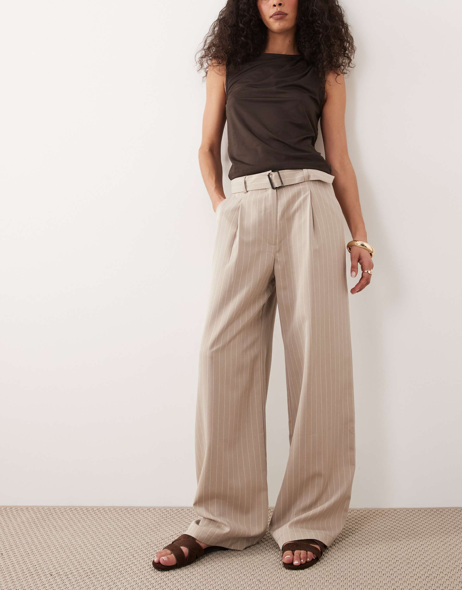 miss selfridge tailored wide leg buckle pants in camel pinstripe