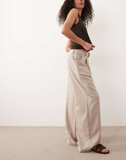 Miss Selfridge tailored wide leg buckle pants in camel pinstripe, 2 of 5