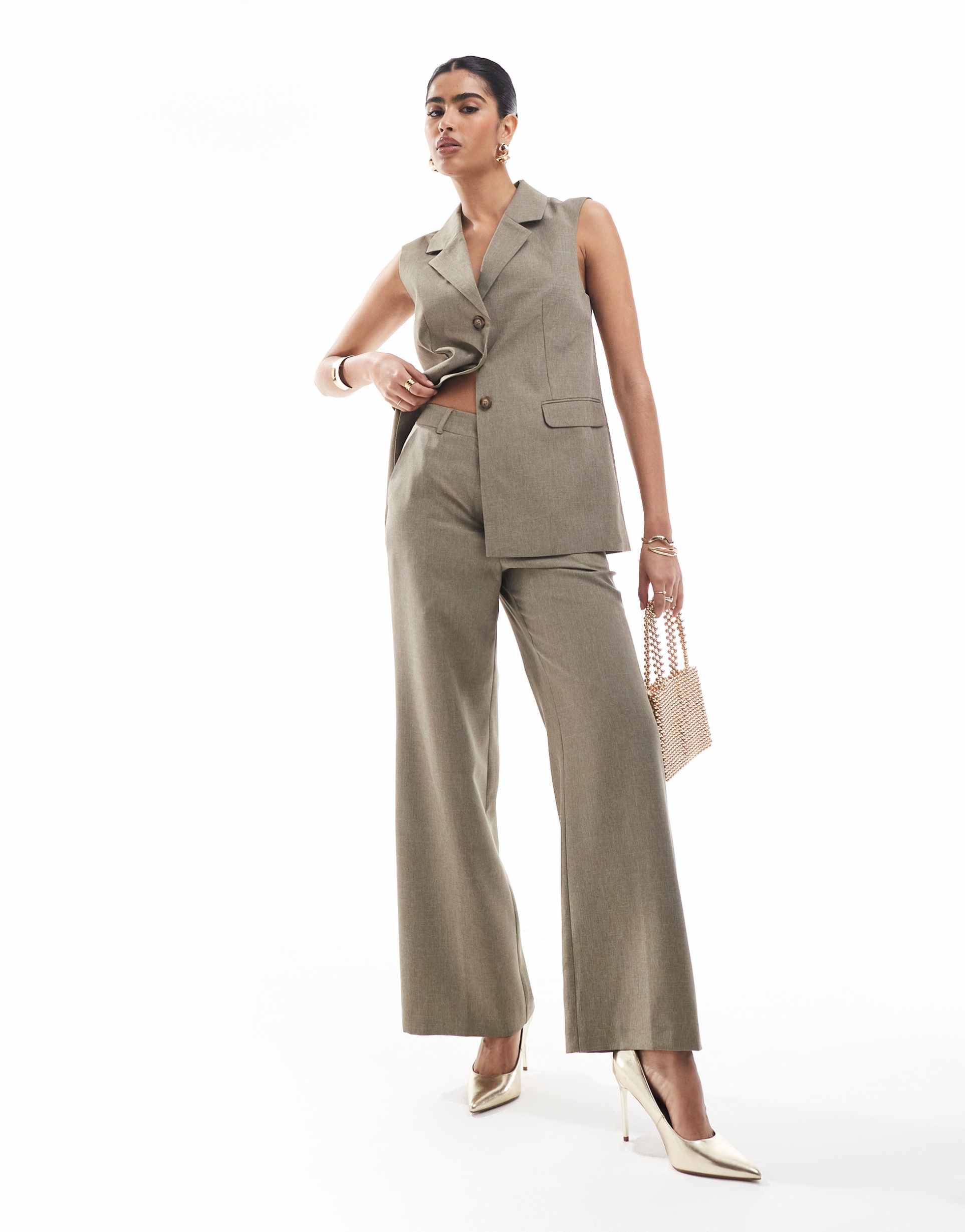 miss selfridge tailored wide leg pants in khaki - part of a set