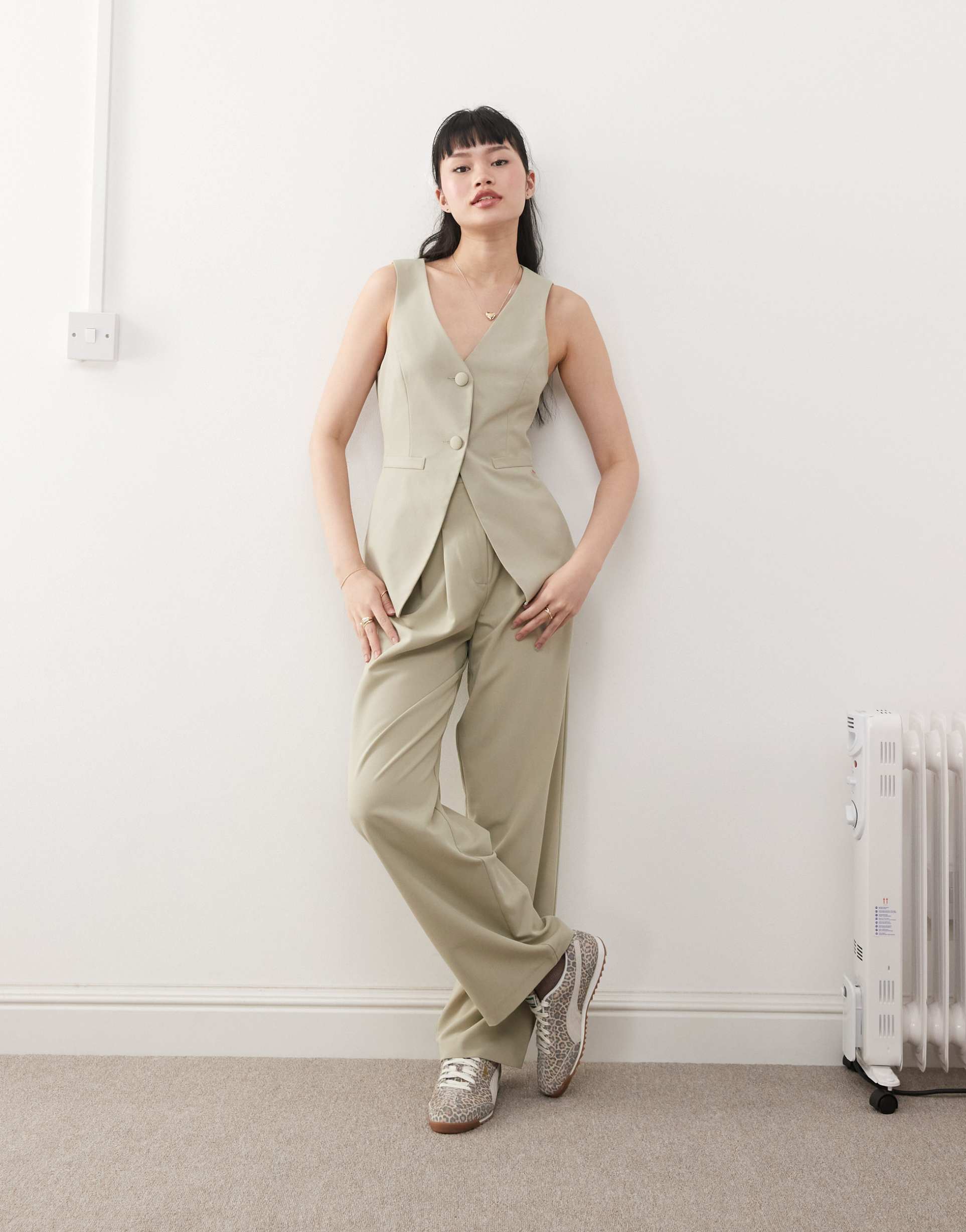 miss selfridge tailored wide leg pants in khaki - part of a set
