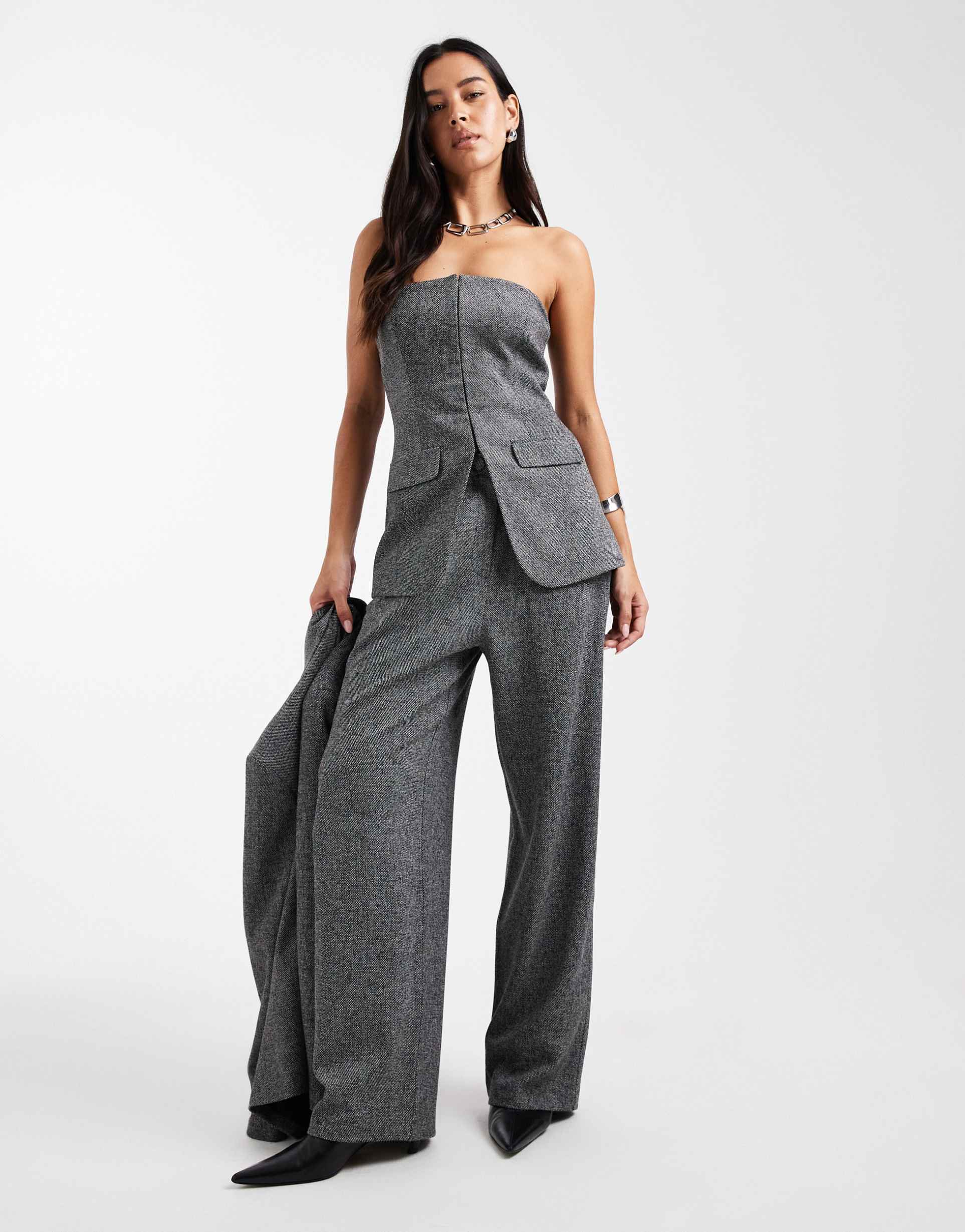 miss selfridge tailored wide leg pants in salt and pepper - part of a set