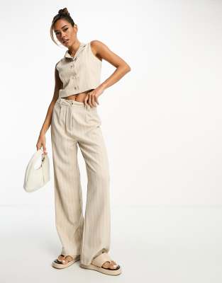 tailored wide leg pants in taupe pinstripe - part of a set-Brown