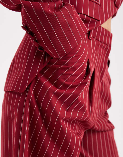 Miss Selfridge tailored wide leg pinstripe trouser co-ord in oxblood, 3 of 5