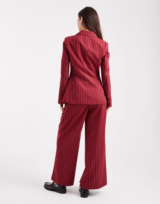 Miss Selfridge tailored wide leg pinstripe trouser co-ord in oxblood, 4 of 5