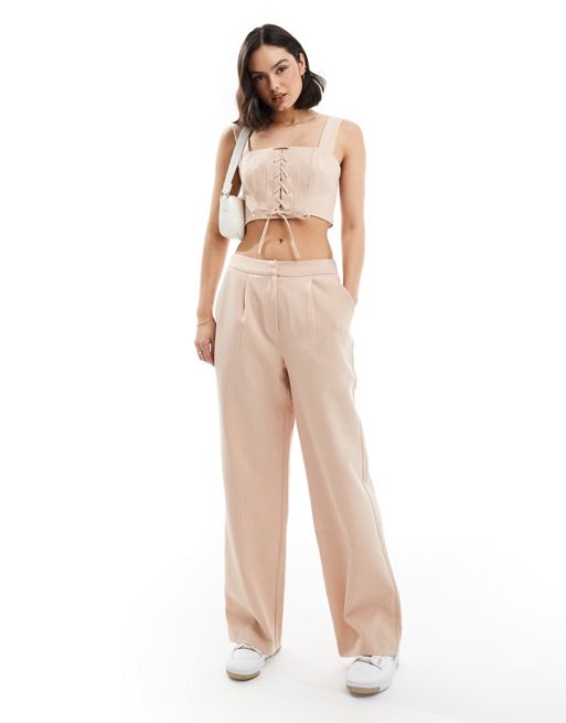 Miss Selfridge tailored wide leg pull on trouser Tricot in pink pinstripe co ord