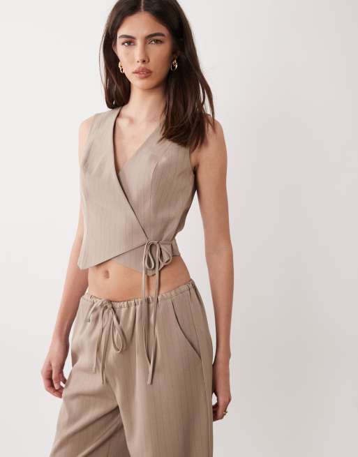 Miss Selfridge tailored wrap vest in neutral pinstripes - part of a set, 3 of 4