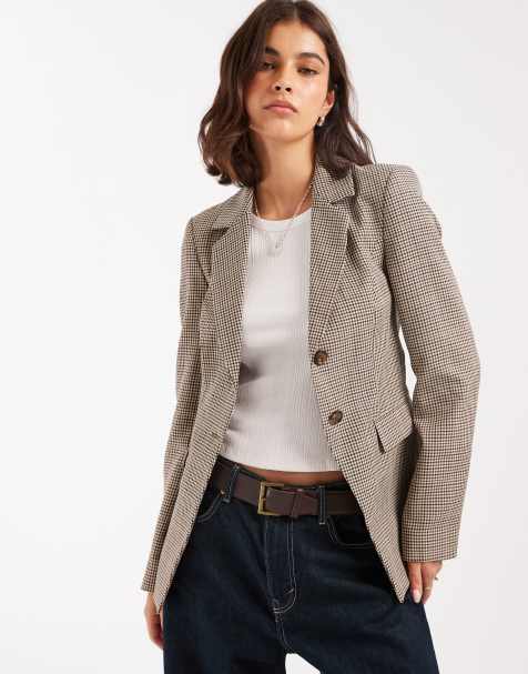 Miss Selfridge – Taliowana marynarka w kolorze neutralnym w kratkę - view 1
