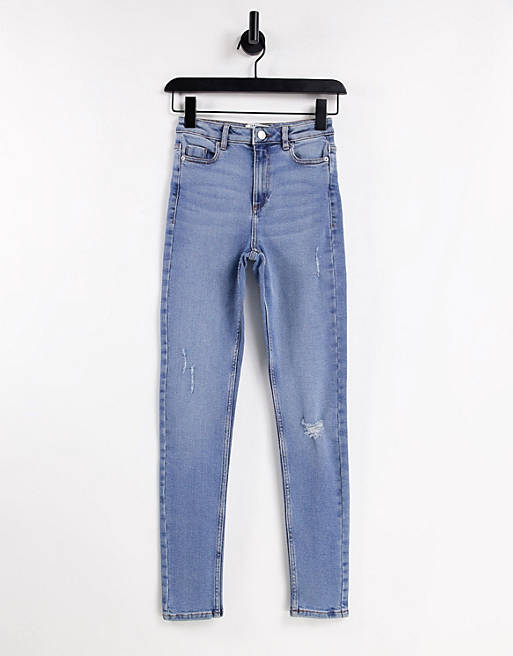 Miss Selfridge Tall - Lizzie - Authentieke gescheurde skinny jeans met hoge taille in blauw met midwash