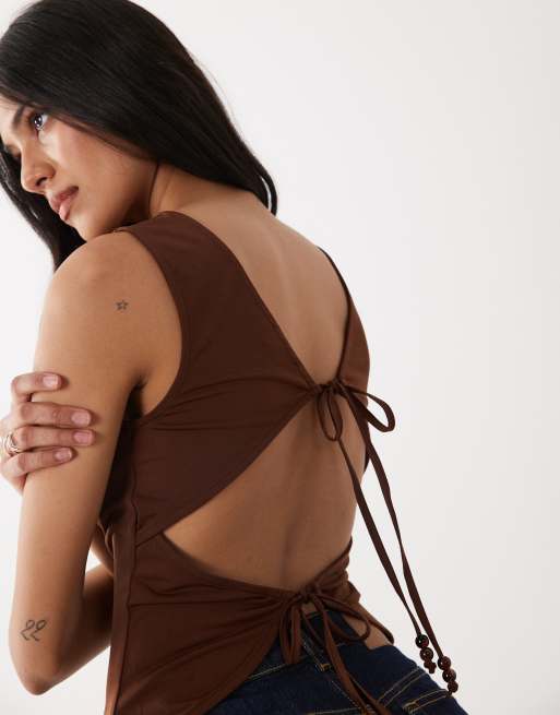 Miss Selfridge tank top with beaded back tie detail in chocolate, 4 of 4
