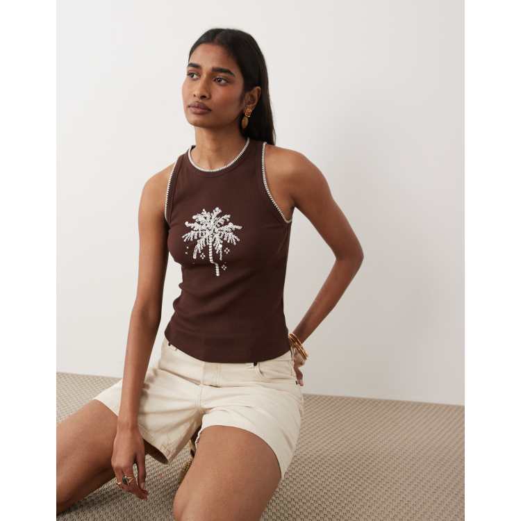 Miss Selfridge tank top with embroidered palm tree in chocolate
