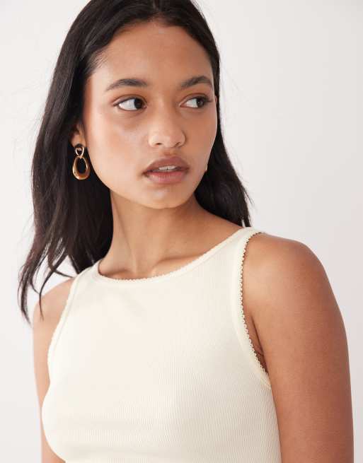 Miss Selfridge tank top with picot trim in buttermilk, 3 of 4