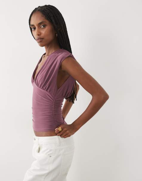 Miss Selfridge Tanktop mit V-Ausschnitt und Raffungen in Pflaume - view 1