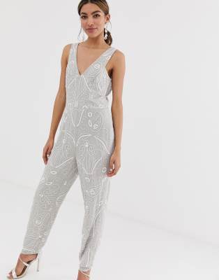 Miss Selfridge tapered leg jumpsuit with embellishment in grey | ASOS