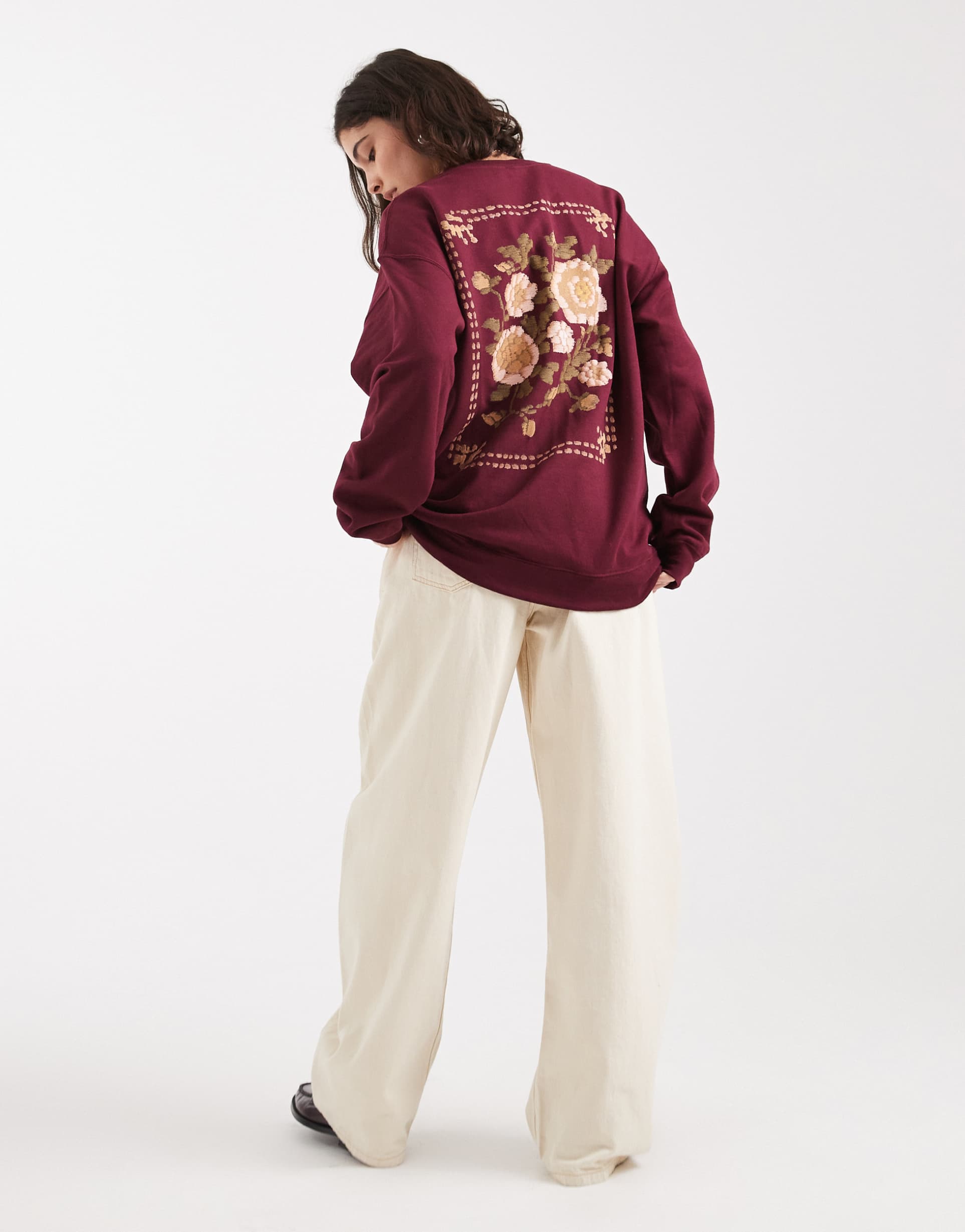 miss selfridge tapestry back print sweatshirt in plum