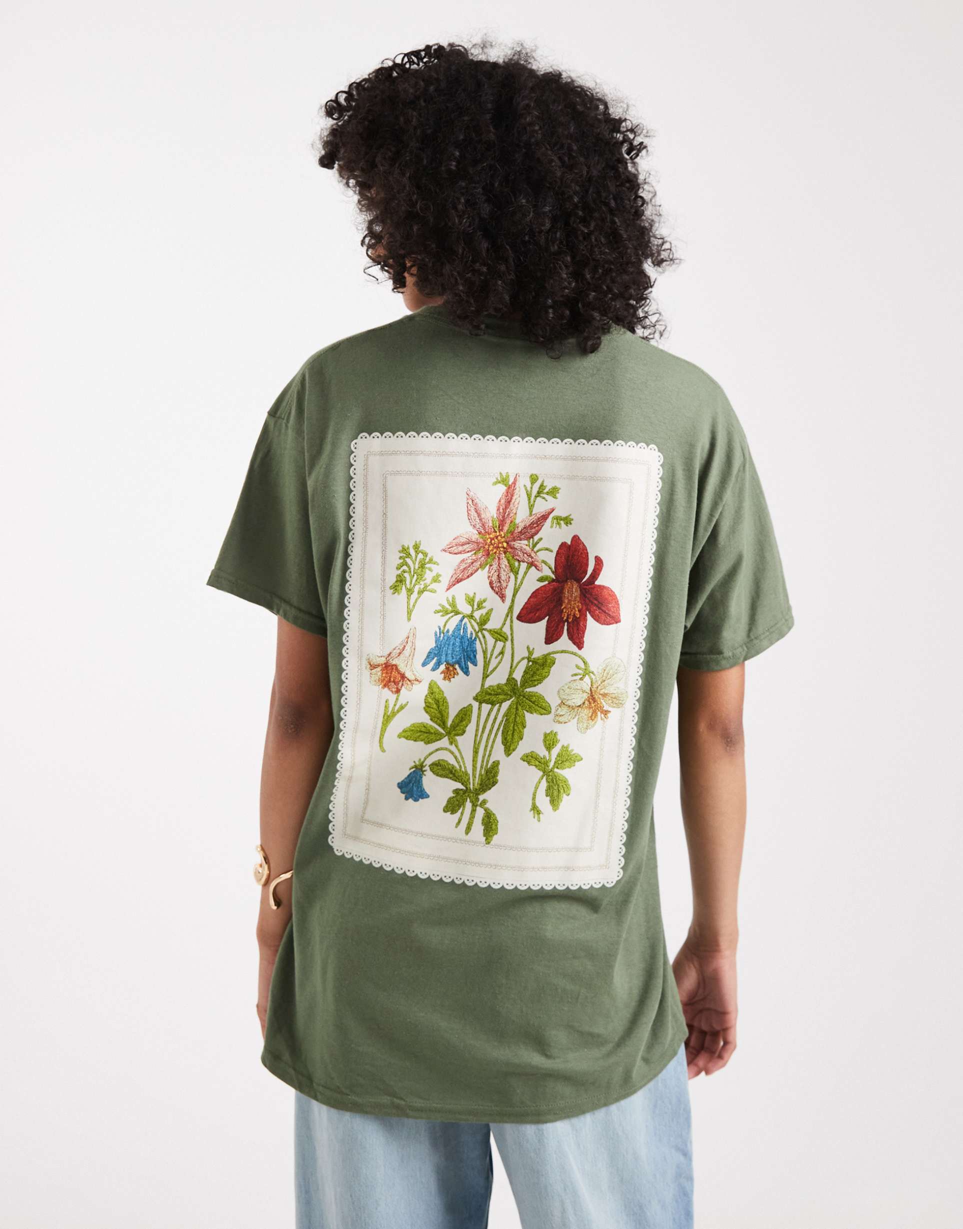 miss selfridge tapestry floral graphic t-shirt in olive