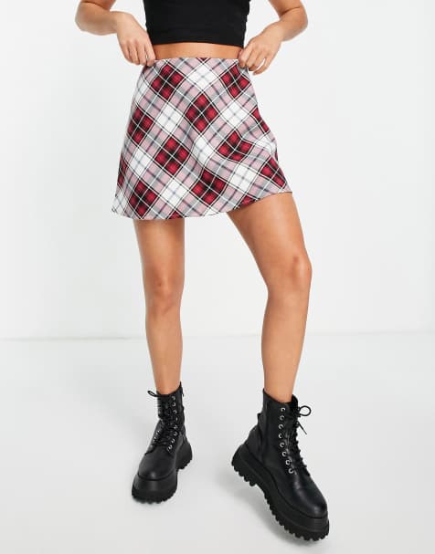Miss Selfridge tartan bias check skirt in red - view 1