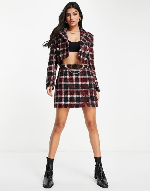 Miss Selfridge tartan boucle check skirt in red