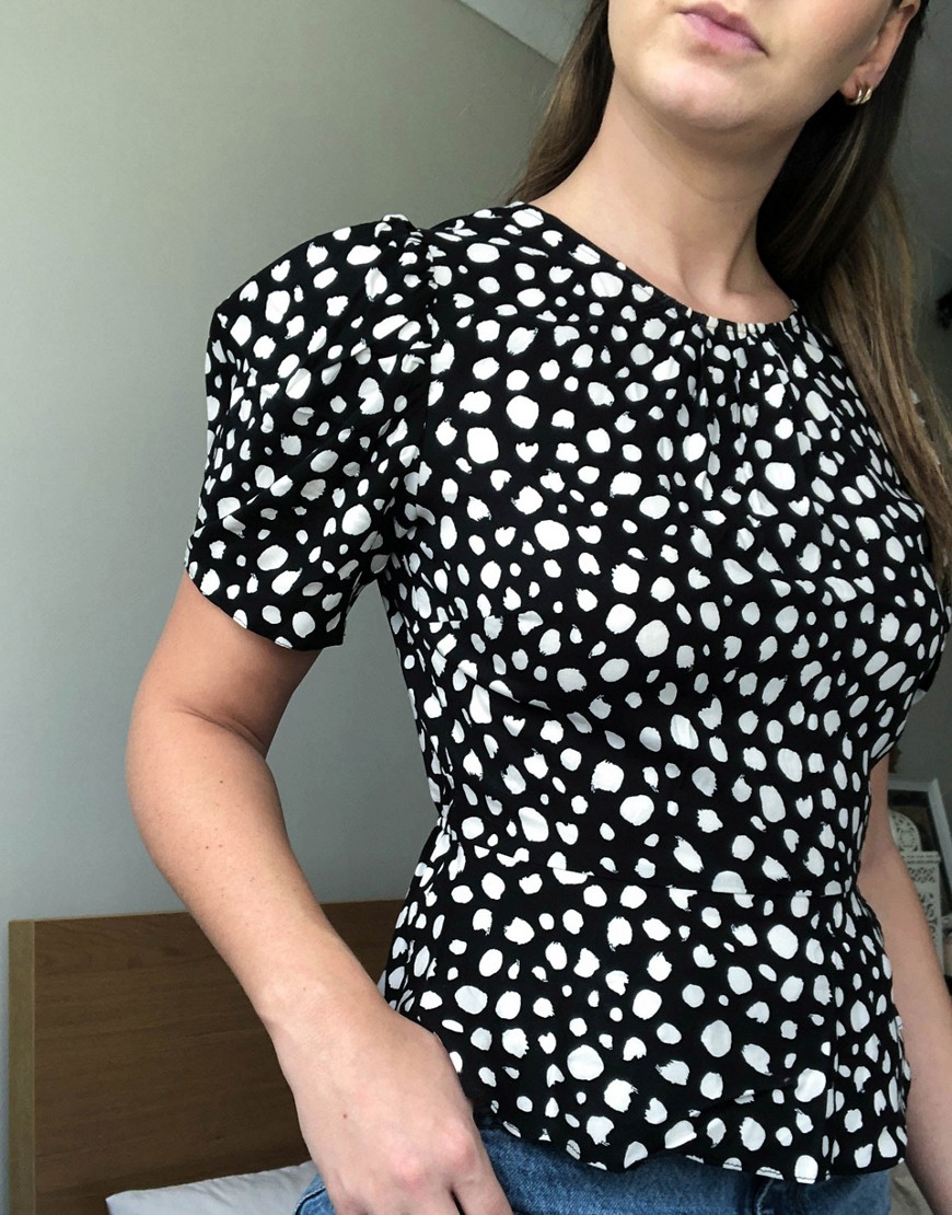 Miss Selfridge tea blouse in monochrome smudge print-Black