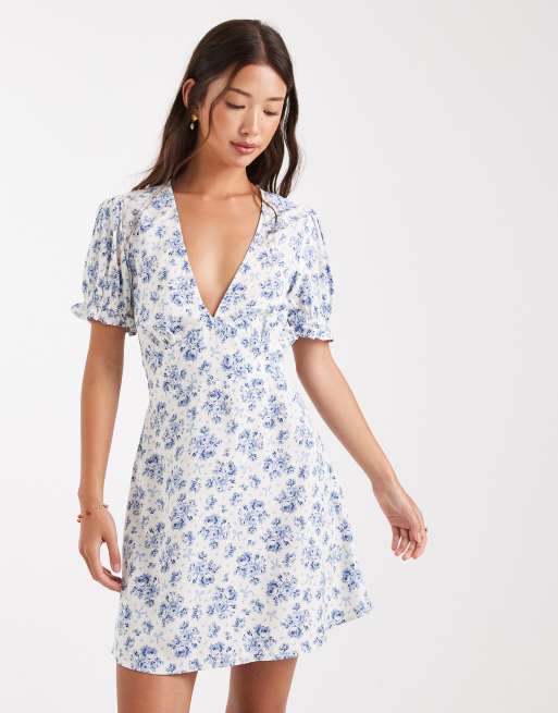 Miss Selfridge - Tea-minikjole med blåt sløjfe- og blomstermønster, 2 af 4