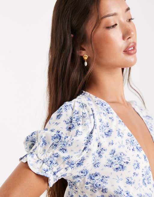 Miss Selfridge - Tea-minikjole med blåt sløjfe- og blomstermønster, 3 af 4