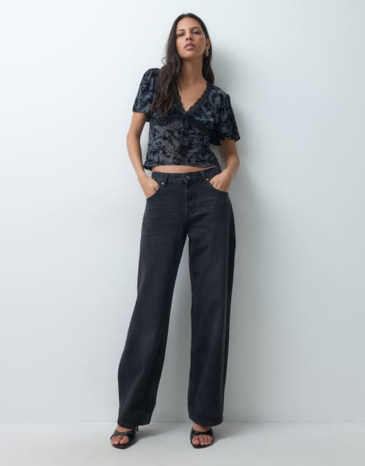 Miss Selfridge tea top in black floral burnout, 2 of 5