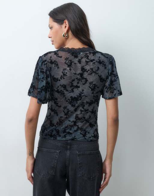 Miss Selfridge tea top in black floral burnout, 4 of 5