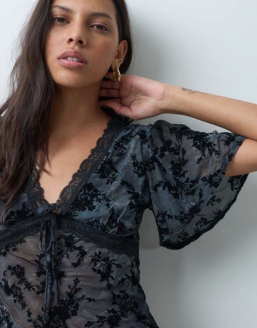 Miss Selfridge tea top in black floral burnout, 5 of 5