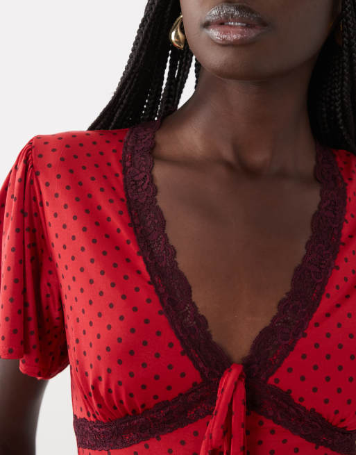 Miss Selfridge tea top with lace trim in red and burgundy polka dot, 2 of 4