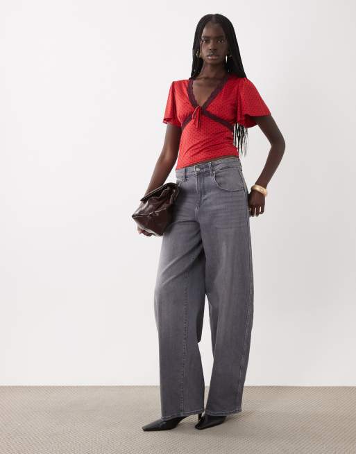 Miss Selfridge tea top with lace trim in red and burgundy polka dot, 3 of 4