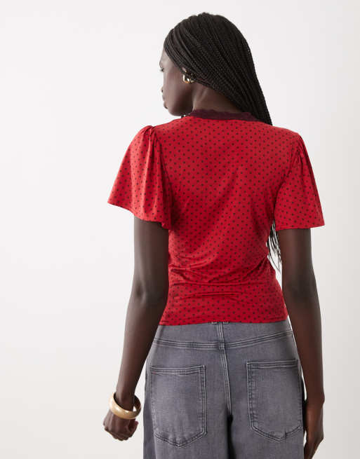 Miss Selfridge tea top with lace trim in red and burgundy polka dot, 4 of 4