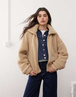 Miss Selfridge Teddy Zip Up Long Sleeve Top In Light Camel-brown