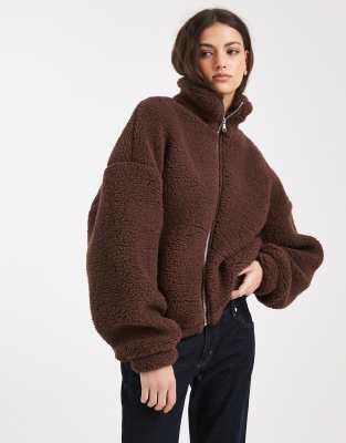 Miss Selfridge - Teddyfell-Jacke in Schokobraun mit Reißverschluss-Brown