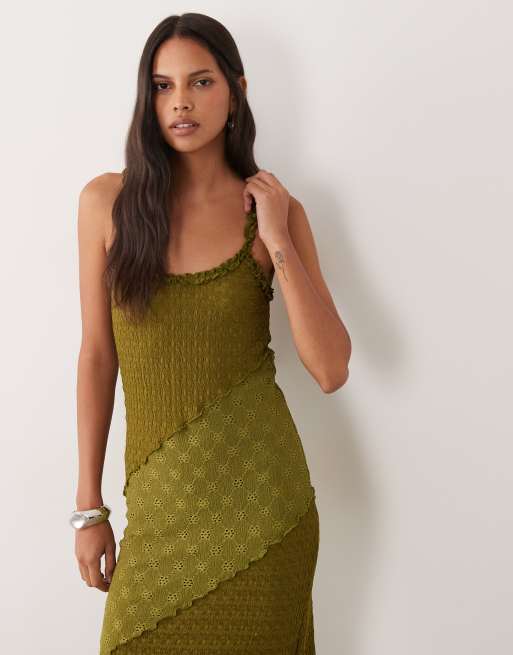 Miss Selfridge tekstureret cami-maxikjole i olivengrøn, 2 af 4