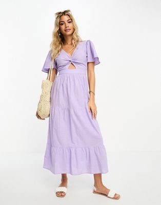 Miss Selfridge Textured Angel Sleeve Tiered Maxi Dress In Lilac-purple