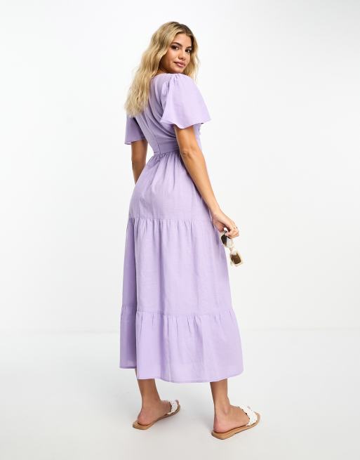 Miss Selfridge textured angel sleeve tiered maxi dress in lilac, 2 of 4