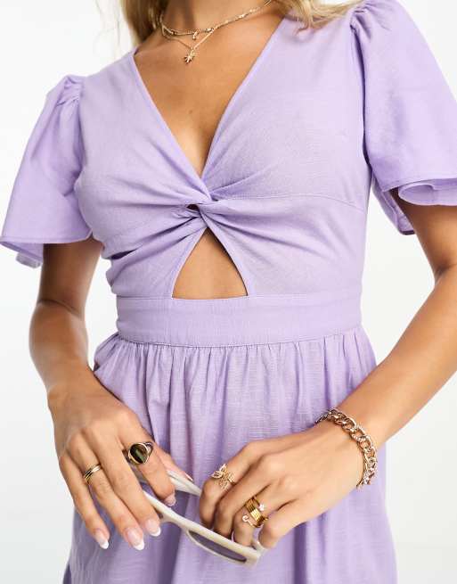 Miss Selfridge textured angel sleeve tiered maxi dress in lilac, 3 of 4
