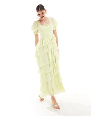 textured asym hem tiered maxi dress in lime-Green