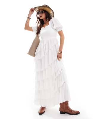 textured asym hem tiered maxi dress in white