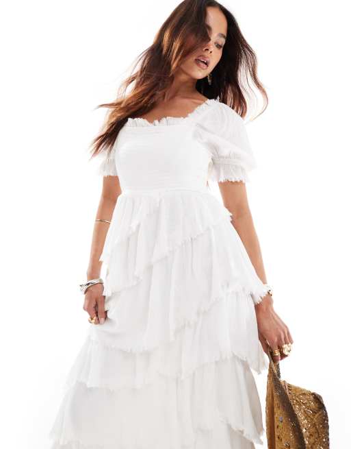 Miss Selfridge textured asym hem tiered maxi dress in white, 2 of 4