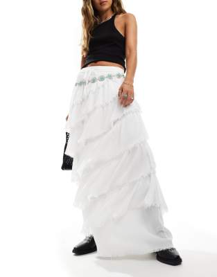 textured asymmetric tiered frayed edge maxi skirt in white