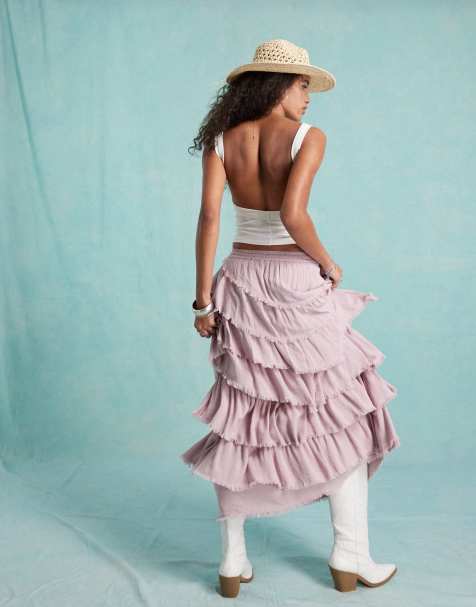 Miss Selfridge textured asymmetrical tiered frayed edge maxi skirt in lilac - view 1