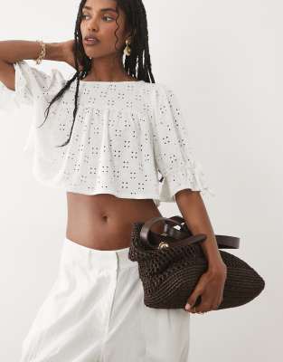 Miss Selfridge Textured Babydoll Top With Picot Trim In White