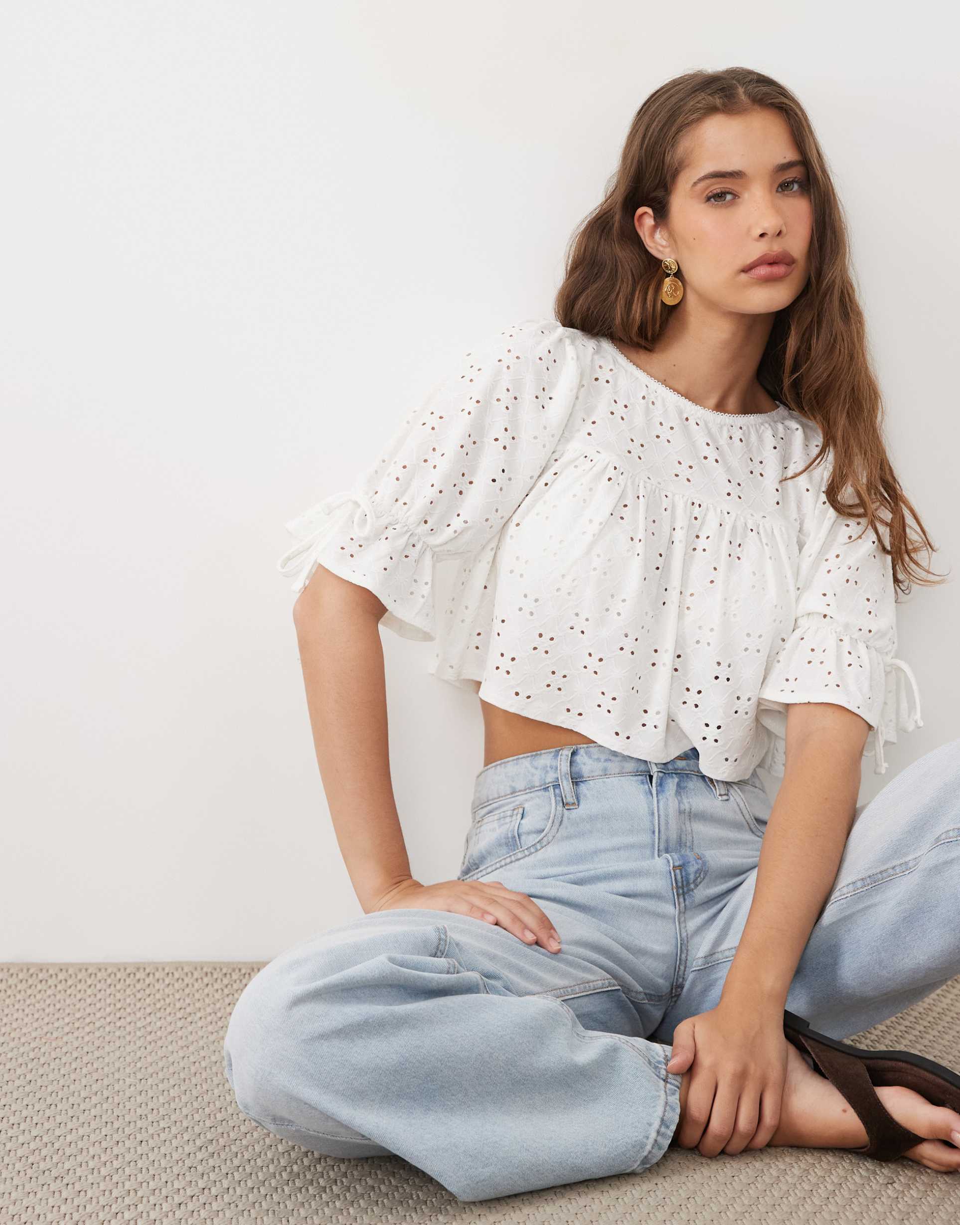 miss selfridge textured babydoll top with picot trim in white