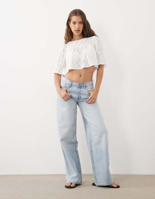 Miss Selfridge textured babydoll top with picot trim in white, 2 of 4