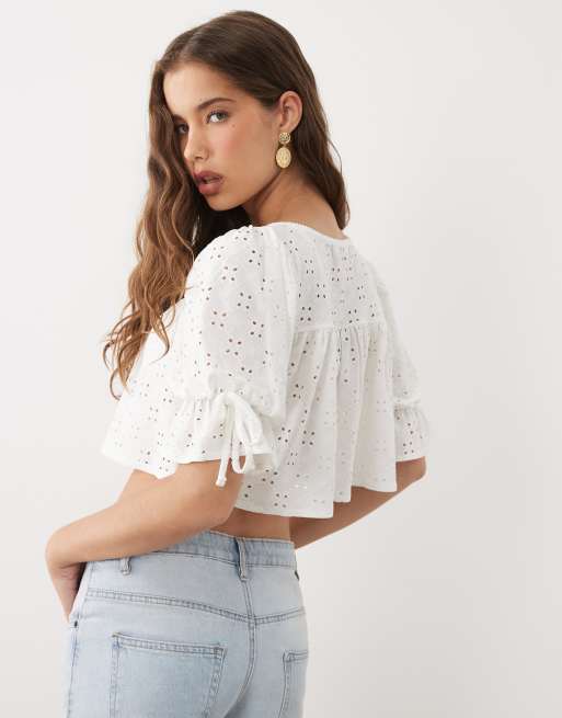 Miss Selfridge textured babydoll top with picot trim in white, 4 of 4