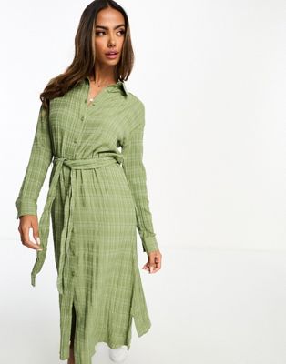 Miss Selfridge textured belted maxi shirt dress in khaki