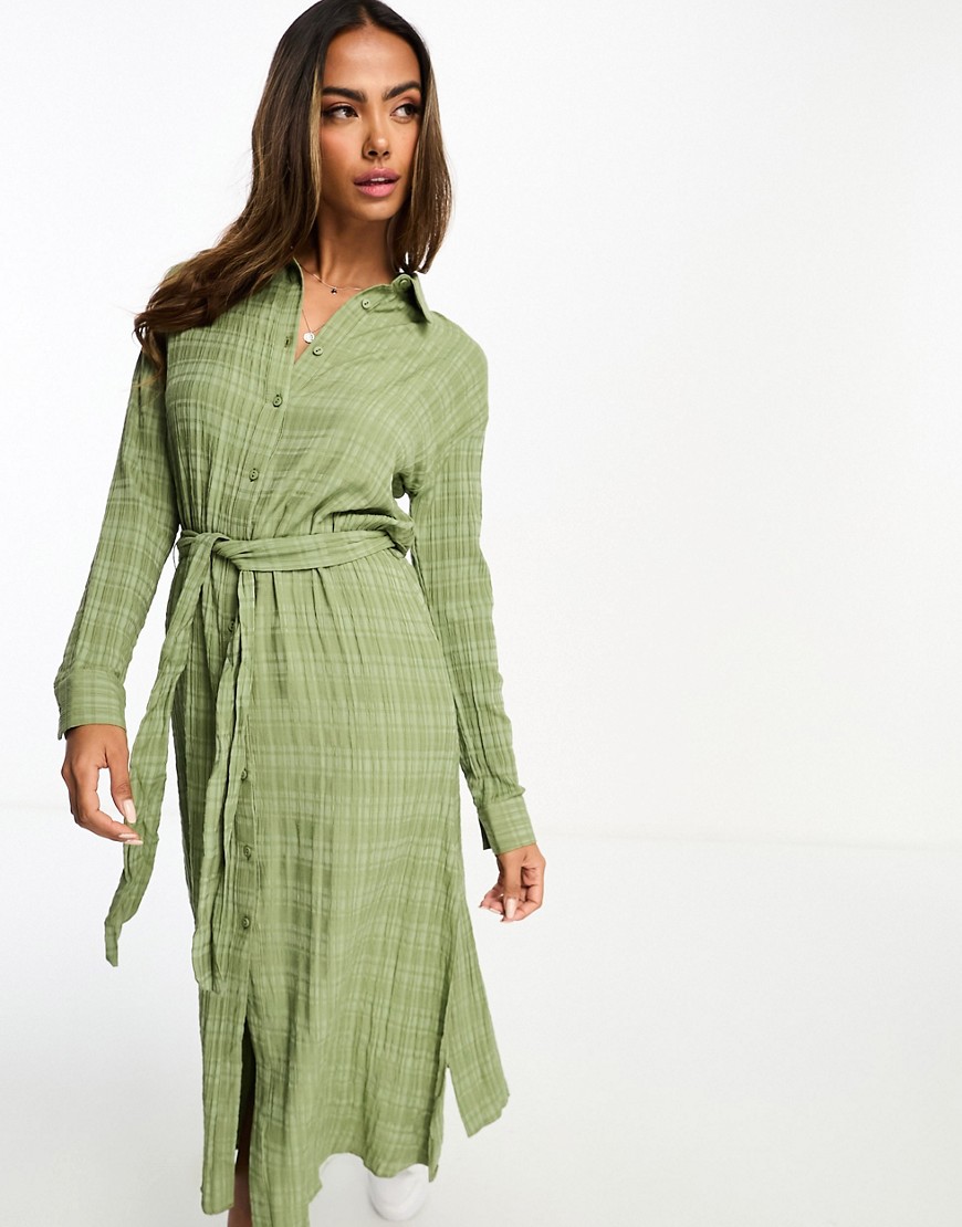 Miss Selfridge textured belted maxi shirt dress in khaki-Green