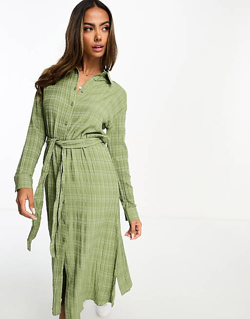 Miss Selfridge textured belted maxi shirt dress in khaki | ASOS